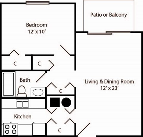 Floor plan for 1 bed, 1 bath, 690 sqft